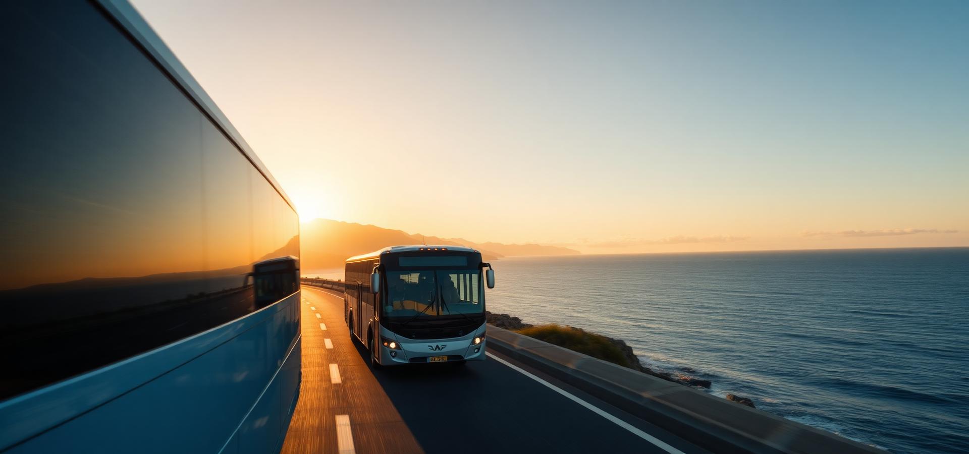 Ônibus em estrada litorânea ao pôr do sol